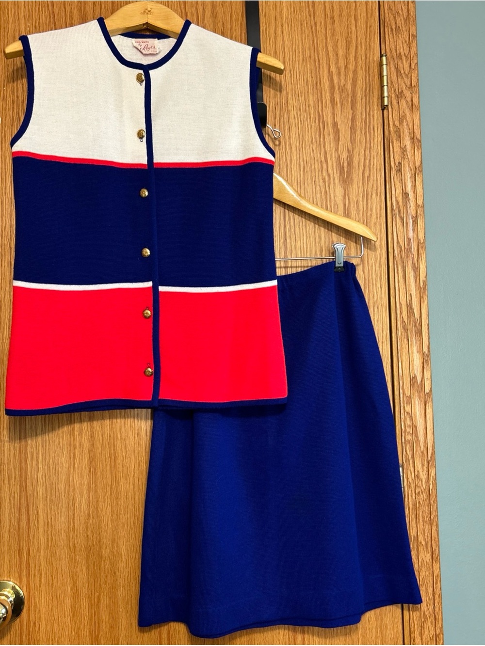Vintage Knit Skirt & Vest button front red white blue Color block Patriotic